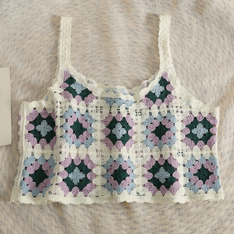 Áo Croptop Dệt Kim Không Tay Khoét Lỗ Màu Sắc Tương Phản Phong Cách Boho Cho Nữ