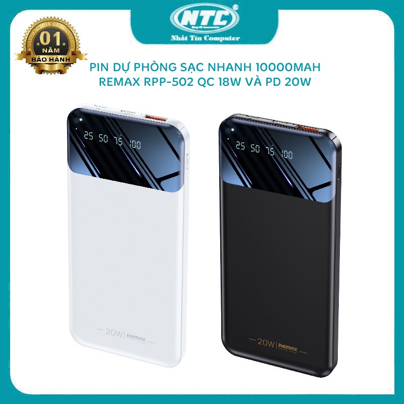 Pin dự phòng sạc nhanh Remax RPP-502 10000mAh siêu mỏng - hỗ trợ QC 18W và PD 20W  Nhất Tín Computer