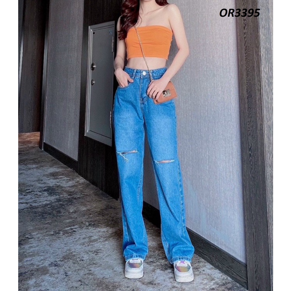Quần jeans ống suông rộng rách gối OR3395