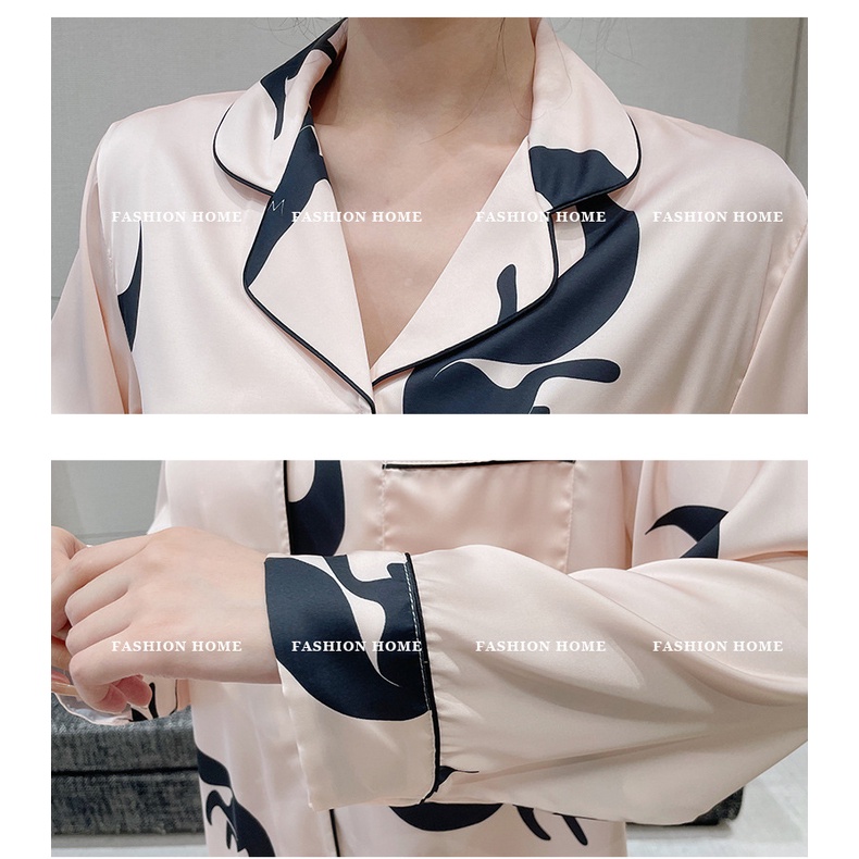 Bộ Đồ Ngủ Dài Tay Bằng Lụa Mát In Họa Tiết Cáo Thời Trang Dành Cho Nữ