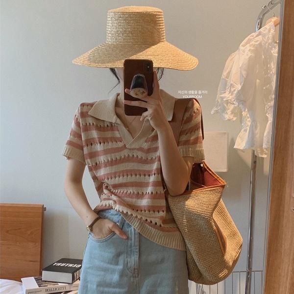 Áo thun Xiaozhainv tay ngắn cổ chữ V họa tiết kẻ sọc 5 màu phong cách thời trang cho nữ