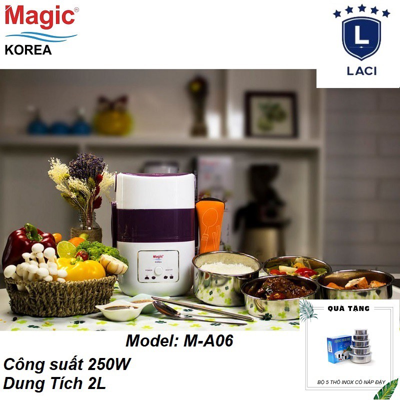 Hộp Nấu Cơm Giữ Nhiệt Thực Phẩm 03 Tầng Magic Korea A06 - Chất Liệu Khay Đựng Bằng Inox Có Nắp Đậy Chân Không