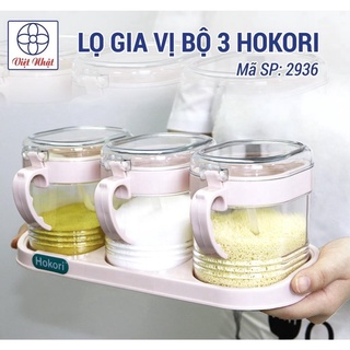 Bộ 3 lọ đựng gia vị Hokori có nắp đậy kèm thìa cao cấp nhựa PP dày dặn bền đẹp