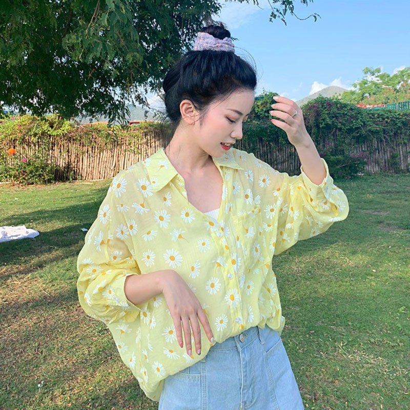 Women Small Daisy Shirt Long-sleeved Sunscreen Thin Printed Shirt | BigBuy360 - bigbuy360.vn