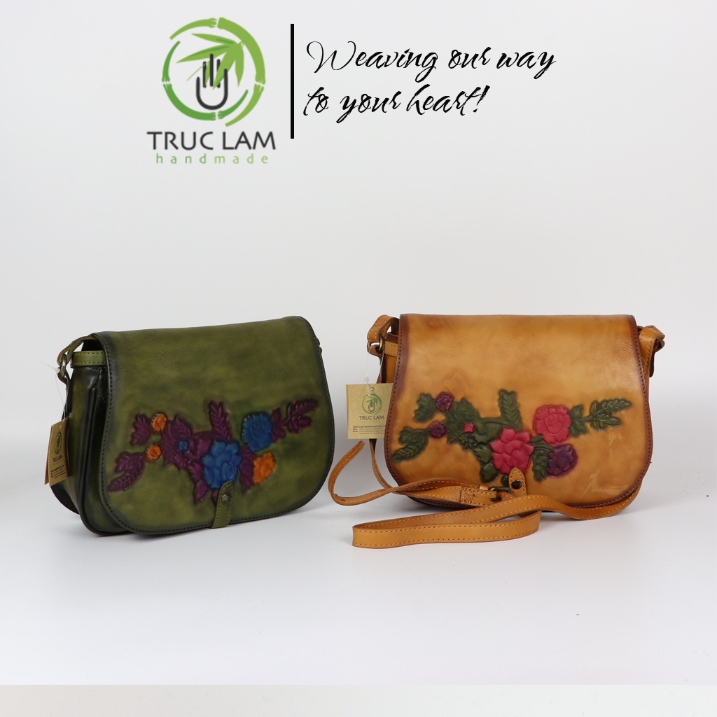 Túi Đeo Chéo Thời Trang Nữ Da Thật Cao Cấp Họa Tiết Cành Hoa – Trúc Lâm Handmade