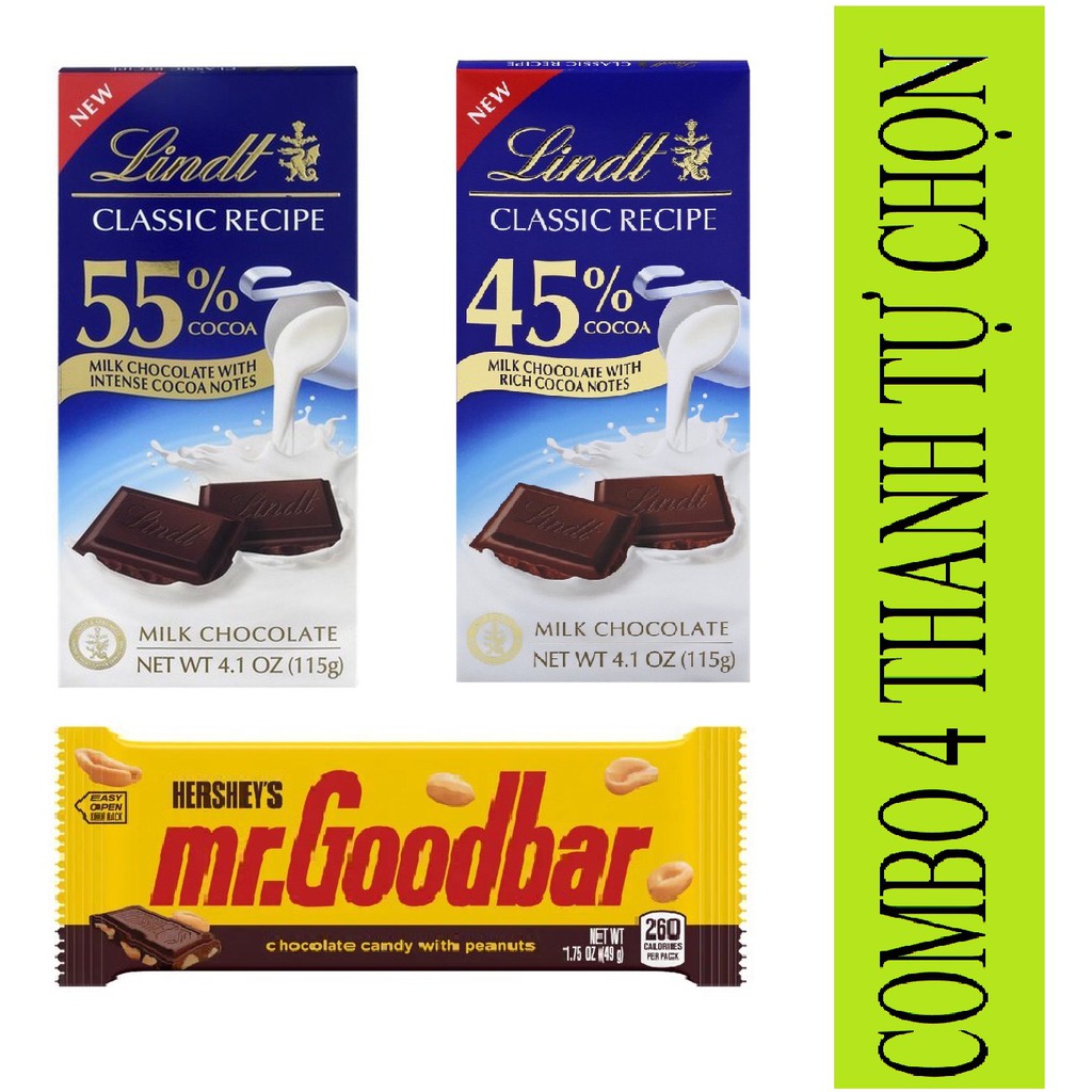 COMBO 4 THANH SOCOLA Mỹ Lindt Lindor Classic Recipe 45% 55% Cacao / Hershey's Mr. Goodbar Extra Large Milk Chocolate