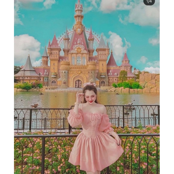 Đầm hai dây tay phồng phối voan rớt