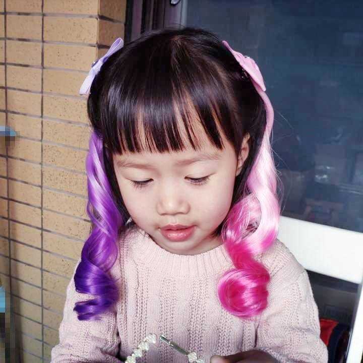 Lọn tóc giả chuyển màu uốn xoăn đính nơ làm phụ kiện trang trí tóc cho bé gái