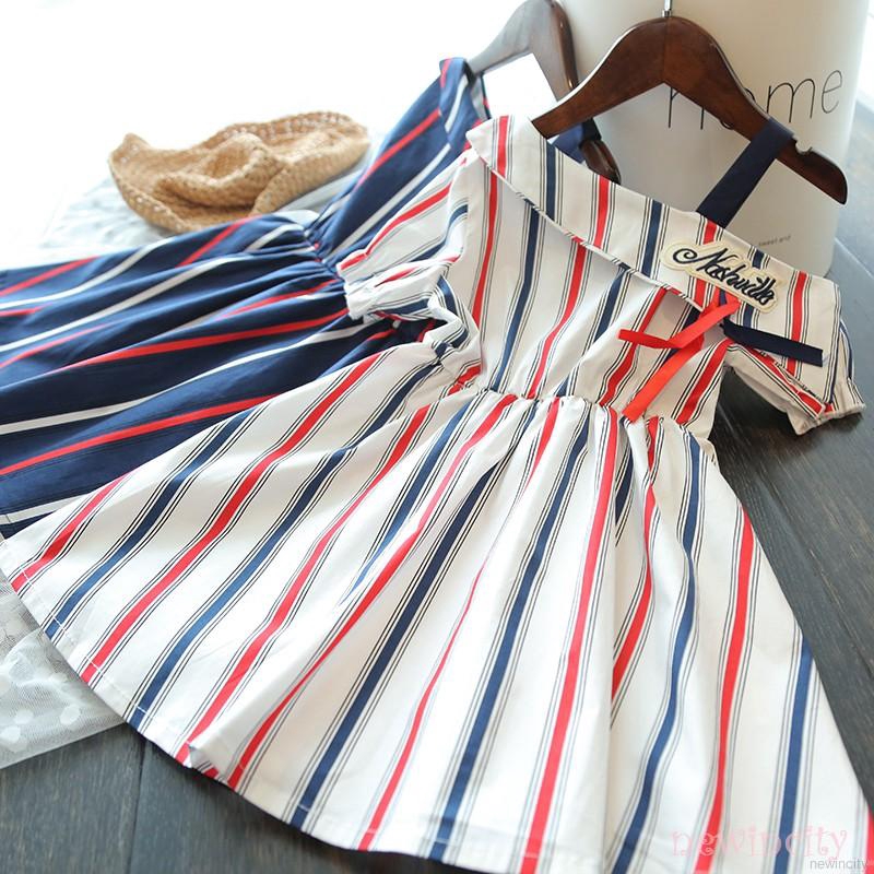 Đầm Tay Ngắn Kẻ Sọc Thêu Chữ Thời Trang Cho Bé Gái