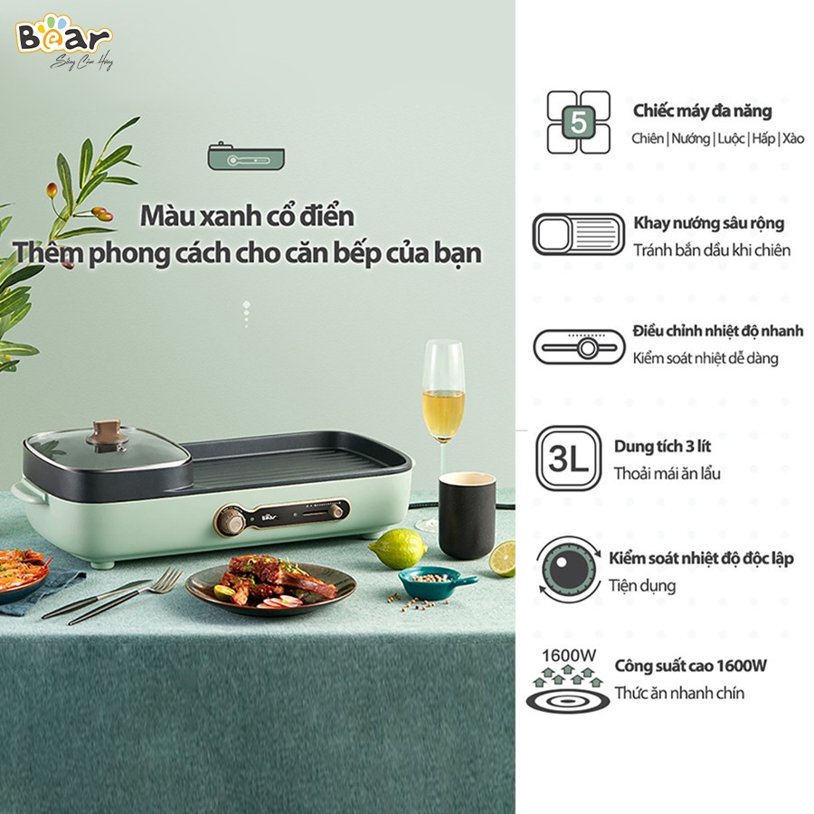 Bếp Lẩu Nướng Đa Năng Công suất 1600W Bear DKL-C15G1 Chính Hãng Bảo Hành 18 Tháng