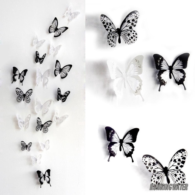 Bộ 18 Miếng Dán Tường Hình Bướm Đen/Trắng Pha Lê