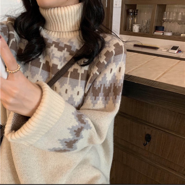 Áo len cao cổ 2 màu be - nâu