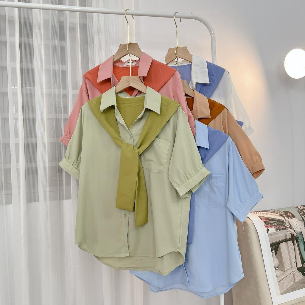 Áo Sơ Mi Nữ Màu Kèm Khăn Choàng Hàn Quốc Xinh Xắn Ngắn Tay, Sơ Mi Cột Nơ Tay Ngắn Phồng Freesize SUBICI