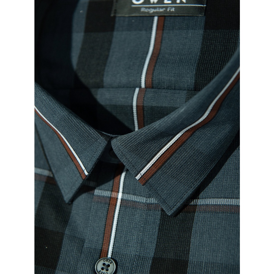 Áo Sơ Mi Nam Dài Tay OWEN AR220883D Somi Công Sở Vải Sợi Tre Cao Cấp Màu Kẻ Caro Ghi Đen Dáng Suông Tà Lượn Không Túi