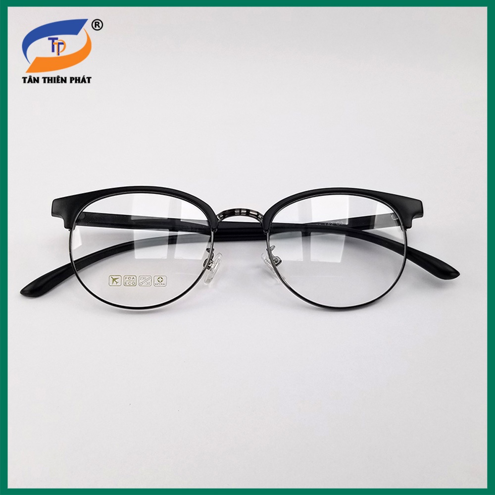 Gọng kính cận nam nữ mắt tròn kim loại/nhựa 6214 màu đen, hồng. Tròng kính giả cận 0 độ chống ánh sáng xanh, tia UV