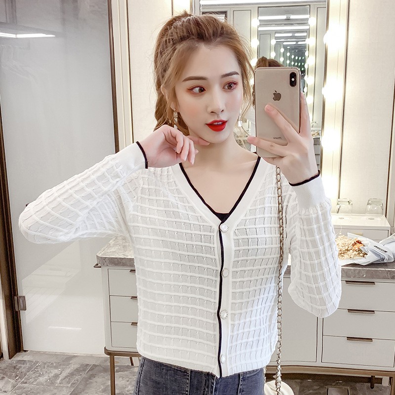 Áo Cadigan Dài Tay Cổ V Dệt Kim Dáng Croptop 2 Màu Đen, Trắng Hàn Quốc | BigBuy360 - bigbuy360.vn