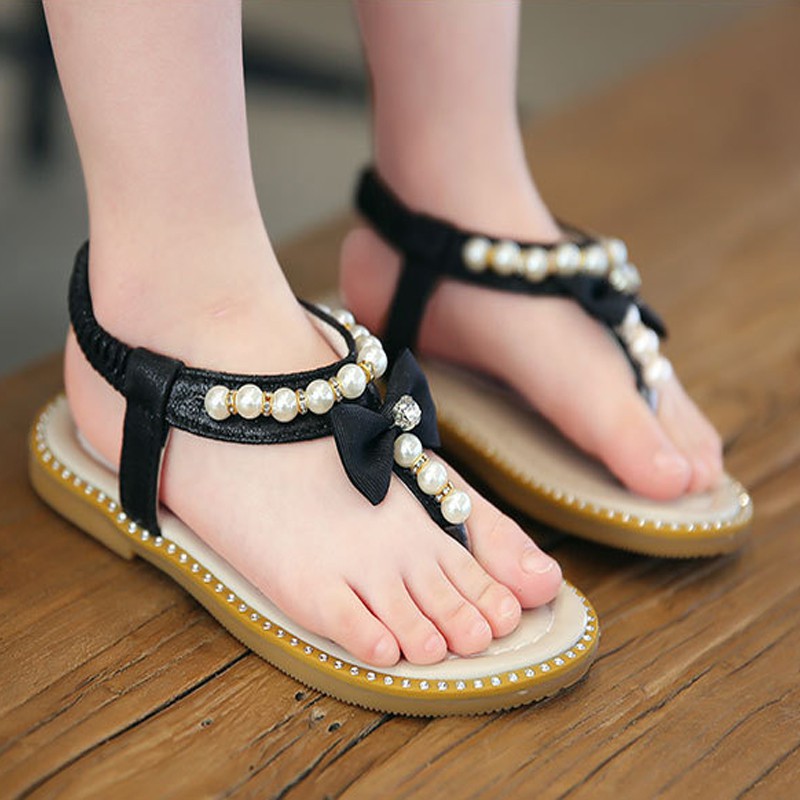 Giày sandal xỏ ngón đính ngọc trai phối nơ phong cách Hàn Quốc cho bé gái