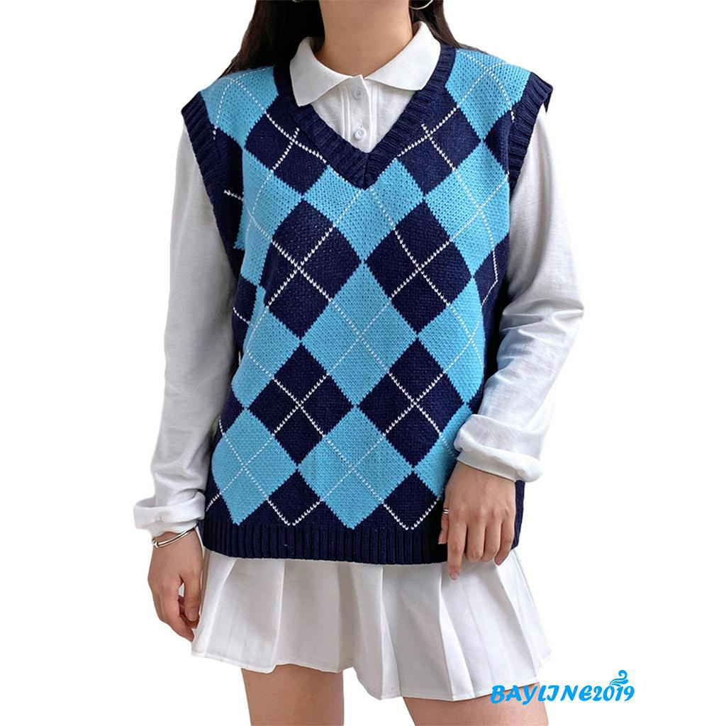 Áo len dệt kim không tay họa tiết màu khối giản dị