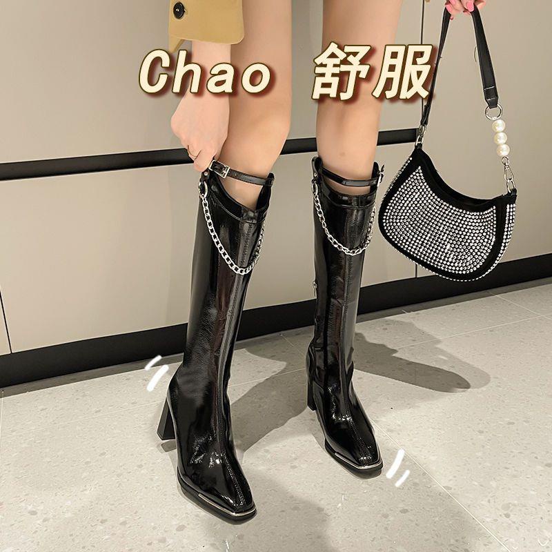 Giày Bốt Martin Mũi Vuông Đế Dày Phối Dây Xích Đan Chéo Phong Cách Anh Quốc Thời Trang Mới 2022 Cho Nữ