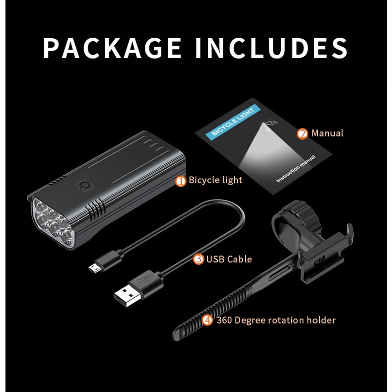 Đèn xe đạp 3600 Lumens Bộ mưa có thể sạc lại USB