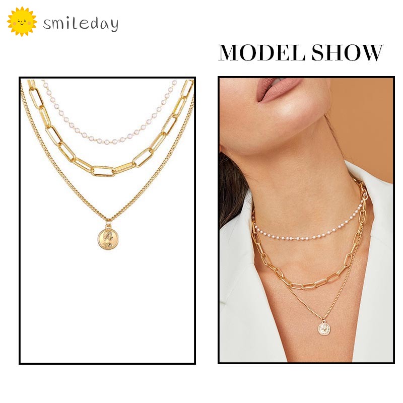 Dây chuyền Smileday nhiều lớp bằng hợp kim phối ngọc trai nhân tạo thời trang cho nữ