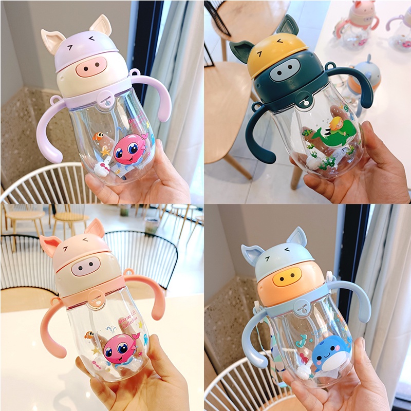 Bình nước cho bé đi học có ống hút chống sặc dây đeo giá rẻ có tay cầm cute cao cấp Luvamo BN01