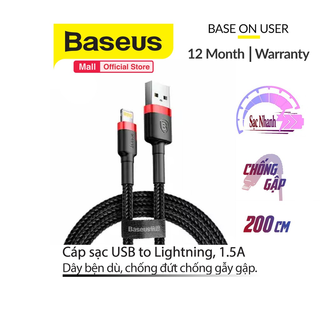 Cáp Baseus Cafule Lightning dành cho iPhone/iPad sạc nhanh và truyền dữ liệu tốc độ cao 0.5m,1m/2m/3m ( 2.4A/1.5A/2A ) | BigBuy360 - bigbuy360.vn