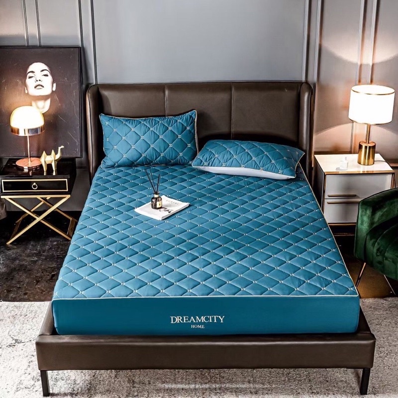 BỘ GA GỐI COTTON BO CHUN BỌC ĐỆM KHÁNG KHUẨN DREAM CITY THÊU CHỮ H