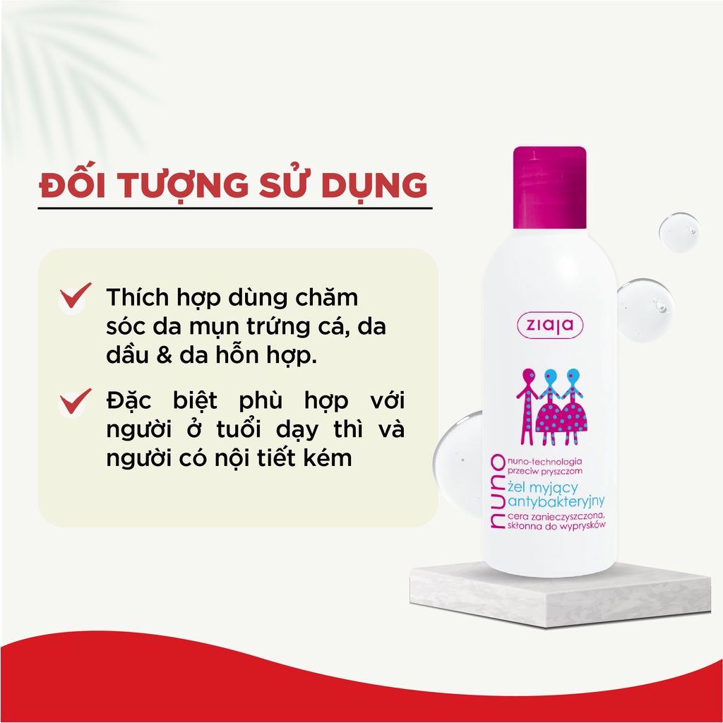 Sữa rửa mặt dạng gel ngừa mụn trắng da Ziaja Nuno cho da dầu và da hỗn hợp, không gây kích ứng 200ml