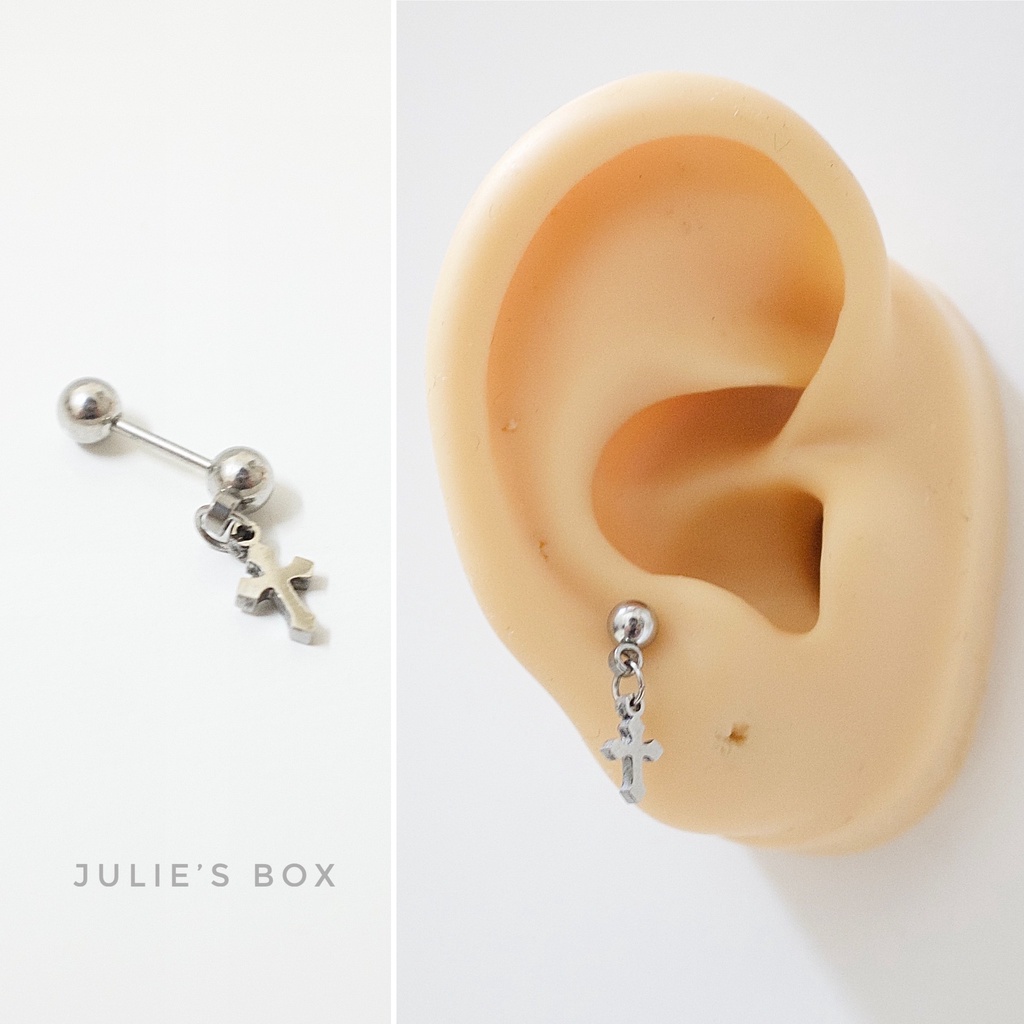 Khuyên Tai Titan Unisex Có Charm Thánh Giá Bi Tròn Không Gỉ Sét Không Ngứa Bông Tai Julies Box 66