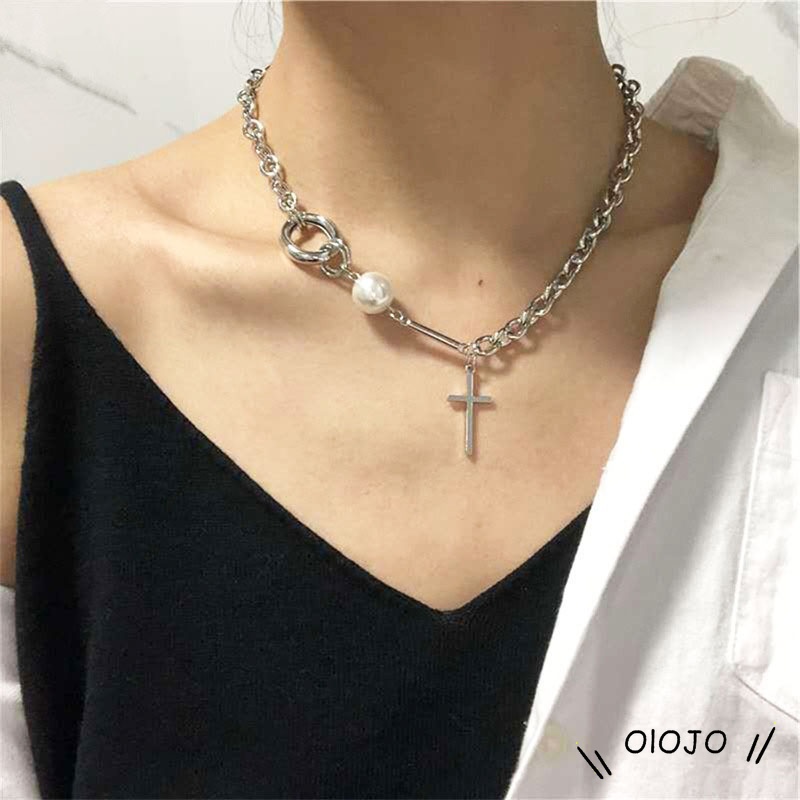 Vòng cổ hợp kim mặt chữ thập đính ngọc trai nhân tạo thời trang