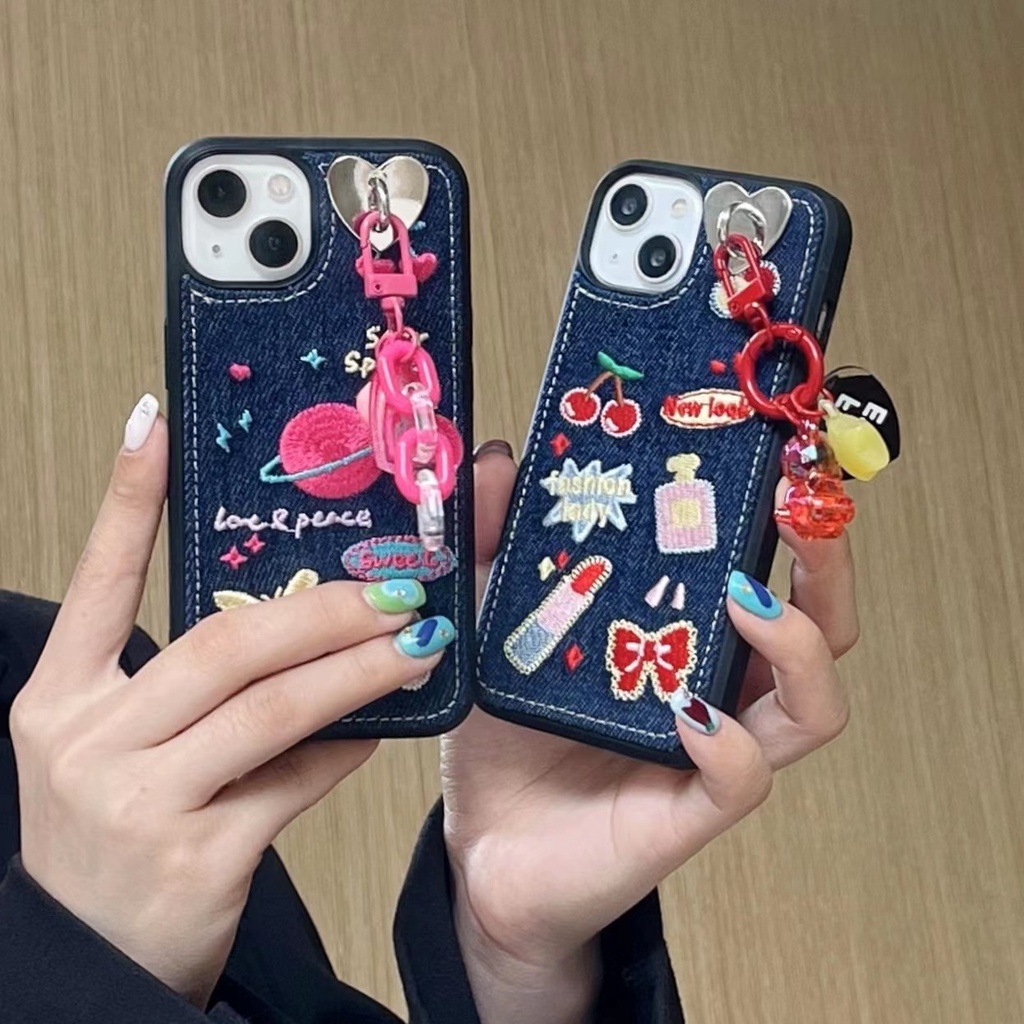 Ốp Điện Thoại Tpu denim Mềm Chống Trượt Thêu Hình Hoạt Hình Có Dây Đeo Cổ Tay Cho iphone 11 12 13 pro xs max xr