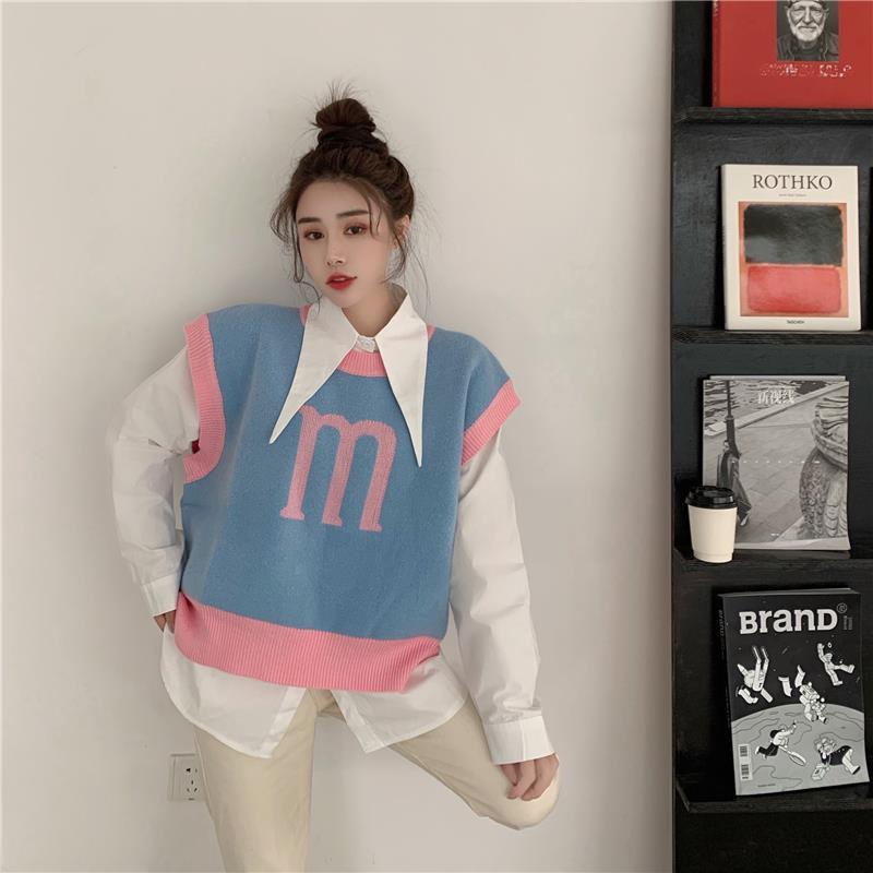 Set áo sơ mi dài tay cổ búp bê + áo len không tay hợp thời trang cho nữ (có bán lẻ) | BigBuy360 - bigbuy360.vn