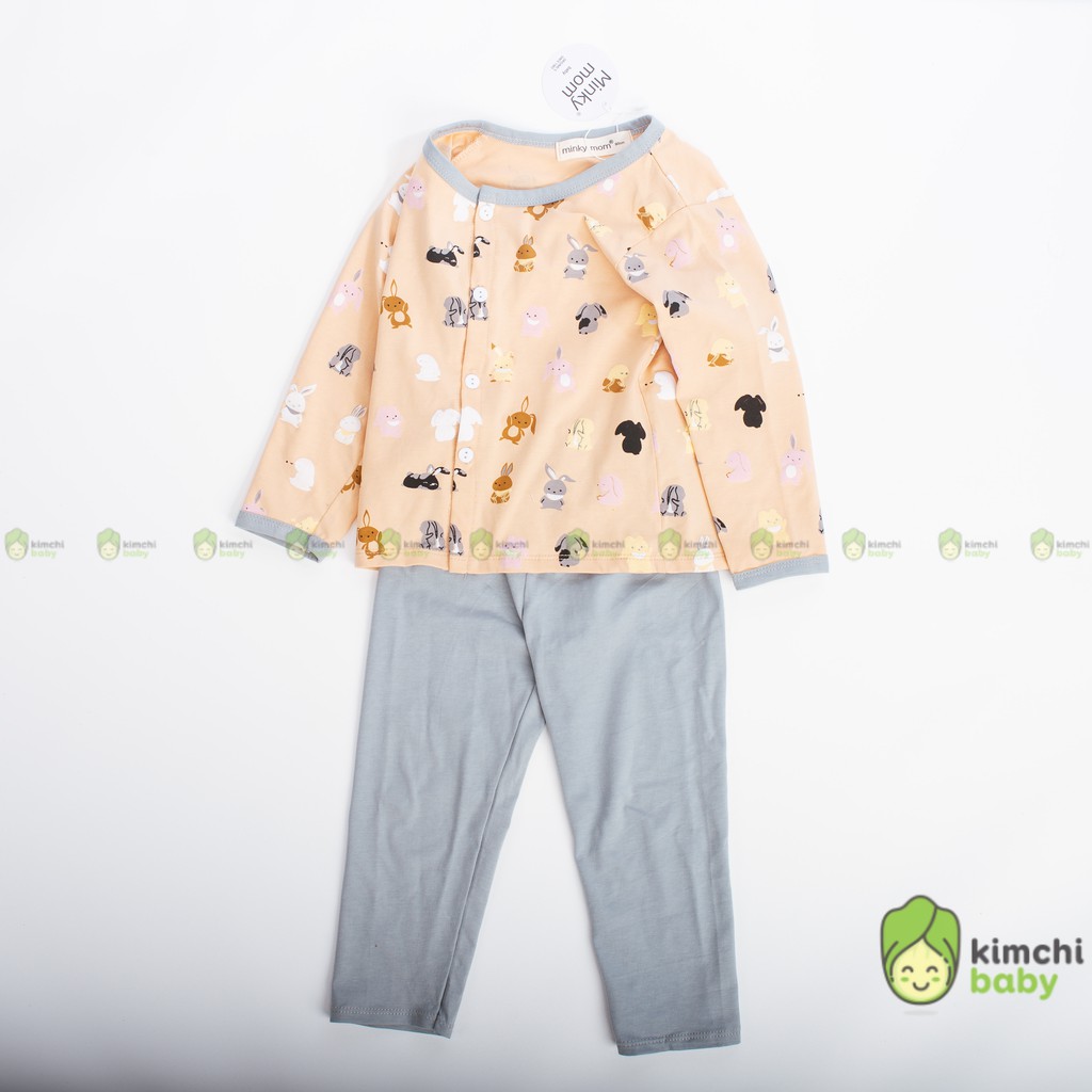 Bộ Dài Tay Cho Bé Gái, Bé Trai Minky Mom Vải Cotton 100% Cúc Giữa Hoạ Tiết Động Vật,Bộ Quần Áo Trẻ Em Thu Đông MKMTD2144