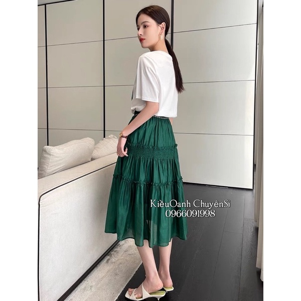 Chân váy lụa tầng dáng xoè dài midi kèm đai siêu xinh