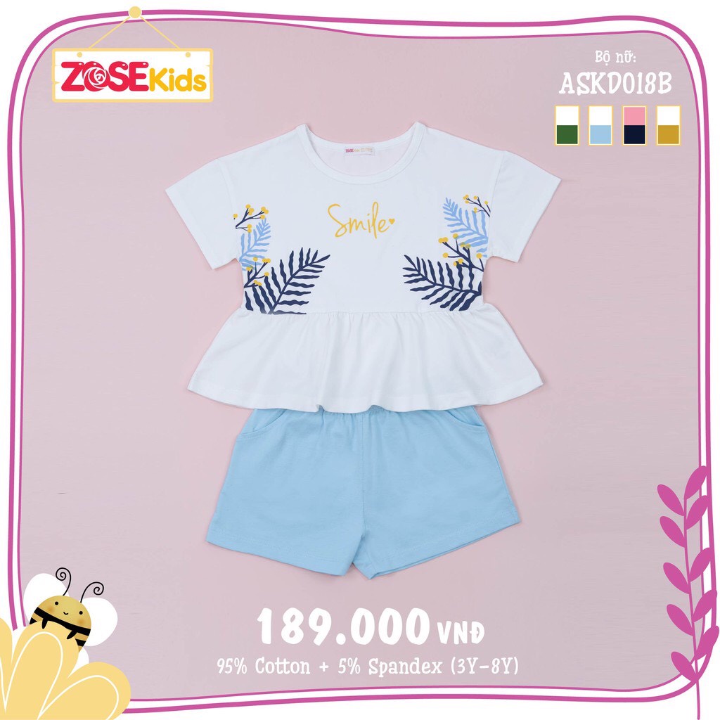 [CHÍNH HÃNG] Bộ quần đùi áo cộc bé gái họa tiết chiếc lá nhún eo ASKD018BTX Zose