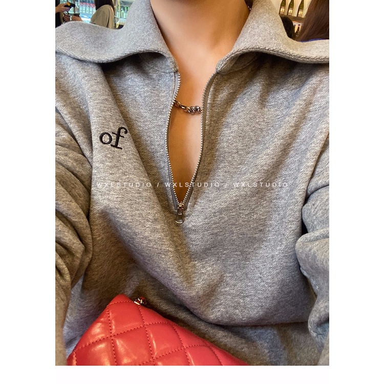 Áo Nỉ Nữ Dài Tay Cổ Bẻ Có Dây Kéo Thêu Hoa Văn Mới