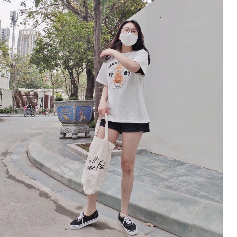 Áo thun tay lỡ dáng rộng hình 1987 gấu nâu basic vải loại 1 thời trang ulzzang Hàn Quốc cho nữ teen học sinh