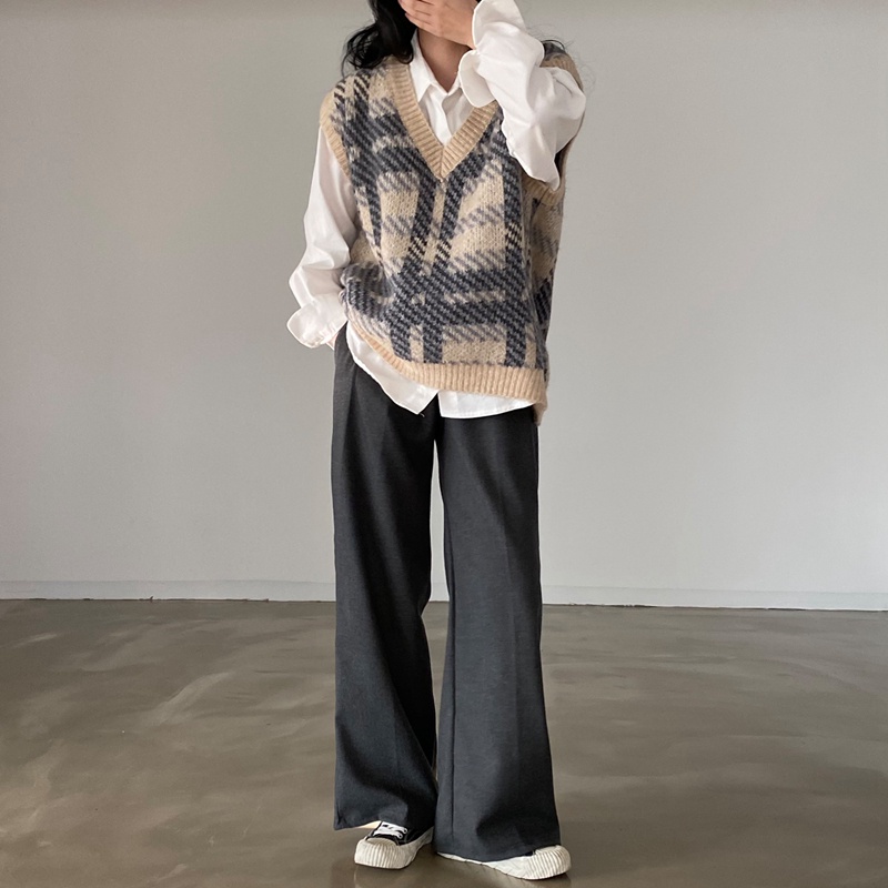 Áo Sweater không tay cổ chữ V form rộng họa tiết sọc caro thời trang mùa thu