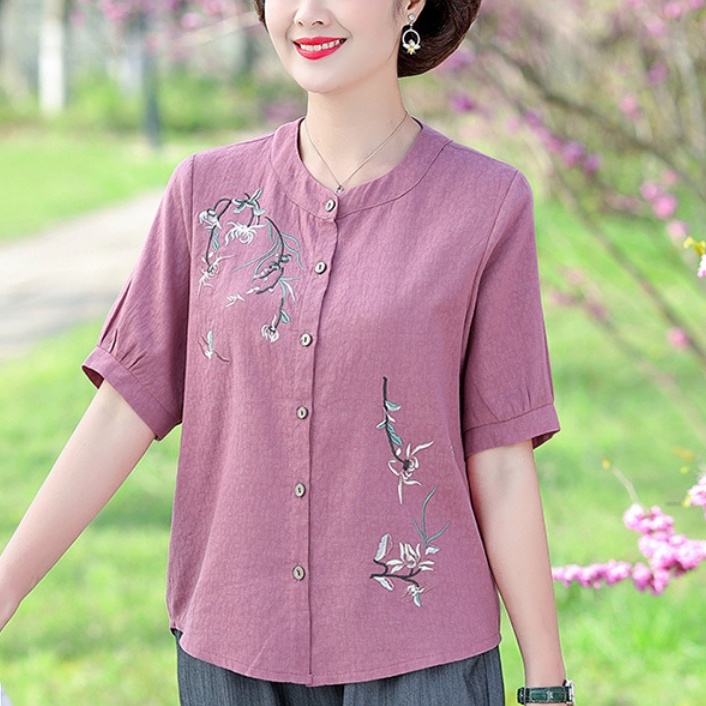 Áo Trung Niên MAI THY 711, Mẫu Áo LINEN Trung Niên Tay Ngắn Cổ Tròn Thêu Hoa Form Bigsize | Thời Trang Trung Niên U50