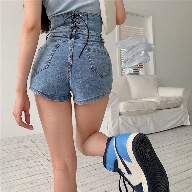 DUNEA Quần Short Denim Lưng Cao Phối Hàng Nút Thời Trang Cho Nữ