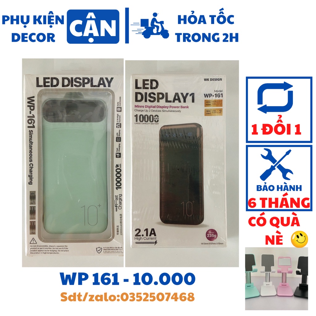 Sạc dự phòng mini 10000 mAh WK DESIGN WP161 pin dự phòng tích hợp đèn led hỗ trợ sạc nhanh 2.1A - Bảo Hành 6 tháng