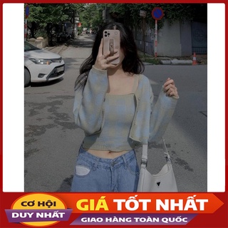 Sét áo 2 dây len kẻ ô kèm cardigan len cùng màu m0052-violet