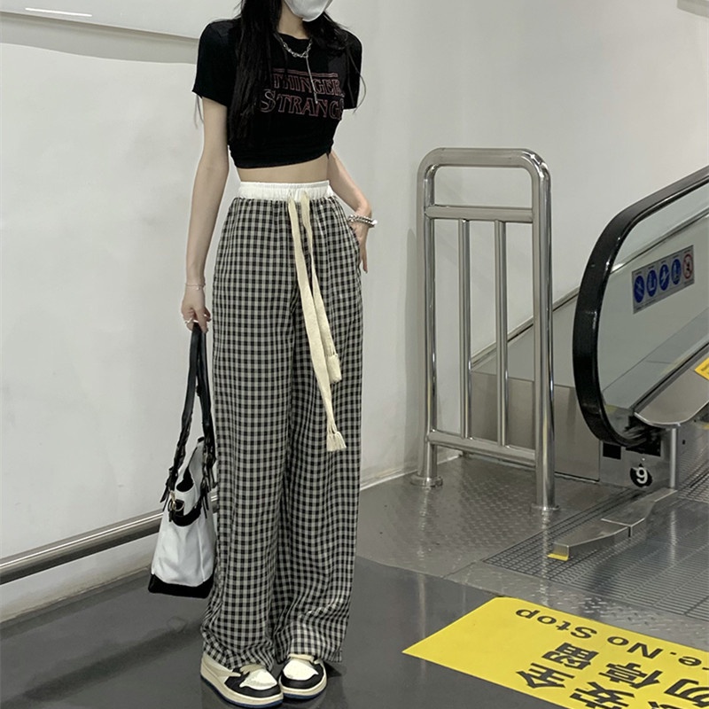 Quần Dài Ống Rộng Họa Tiết Ca Rô Thời Trang Dành Cho Nữ