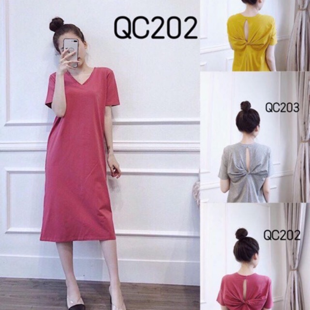 Đầm suông-váy cotton cổ tym xoắn lưng 4 màu-ảnh thật trải sàn