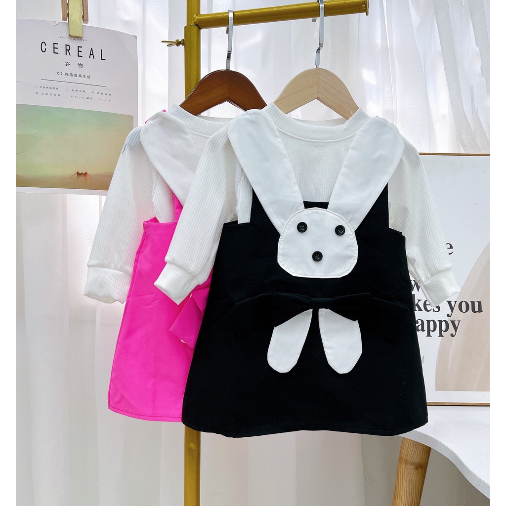 Váy thu đông cho bé gái, váy yếm kaki thêu đắp thỏ kèm áo len tăm mềm mại dễ thương cho bé