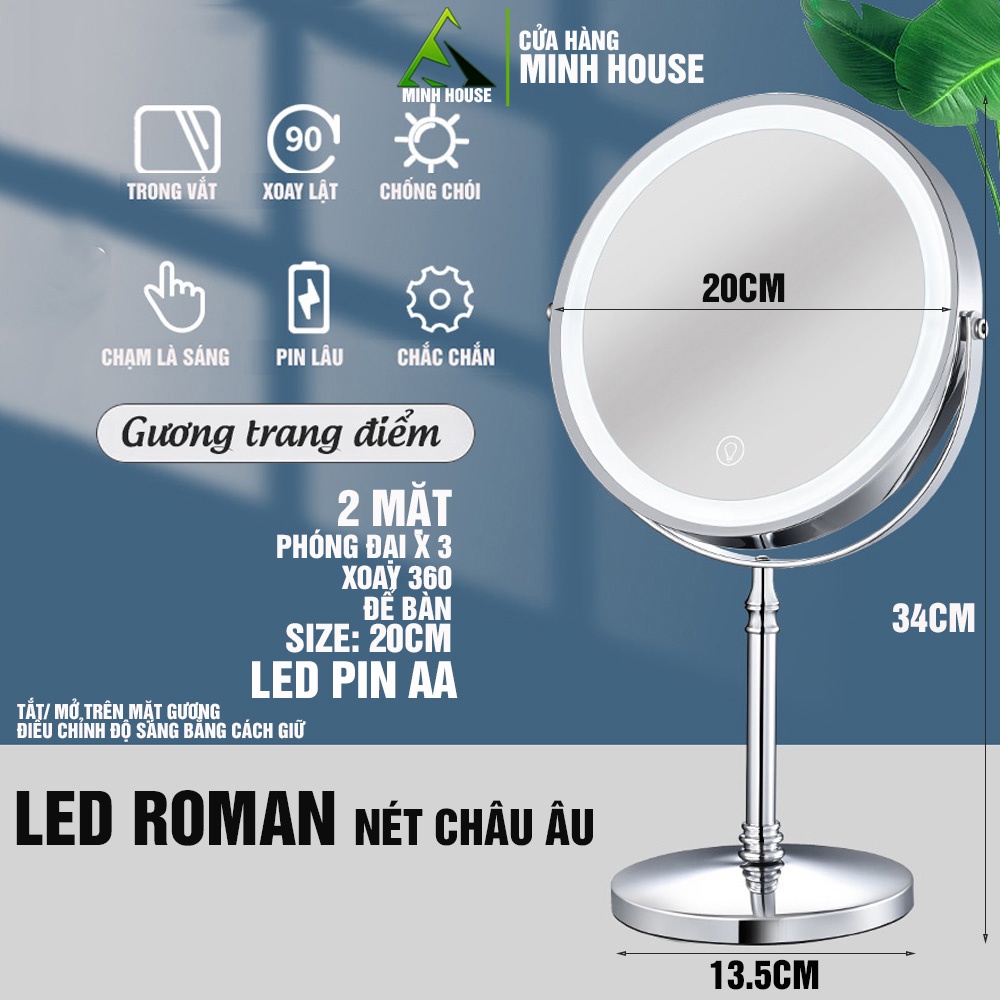 Gương trang điểm đèn LED Roman cảm ứng để bàn phóng đại x3, xoay 360 độ 2 mặt Minh House