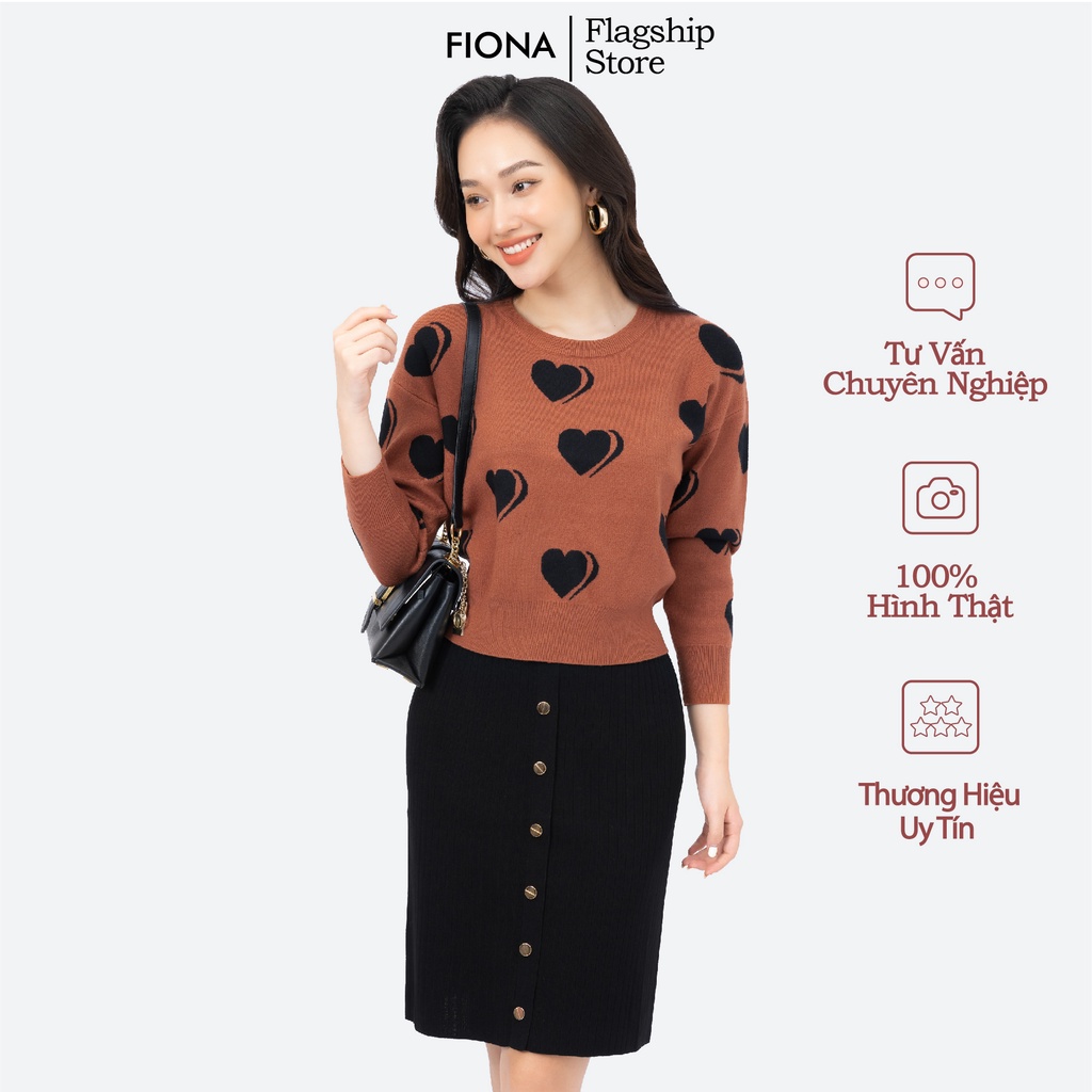 Áo len nữ cổ tròn tay dài họa tiết hình tim FIONA, áo len nữ bo gấu thời trang thu đông, chất le mềm đẹp F851727