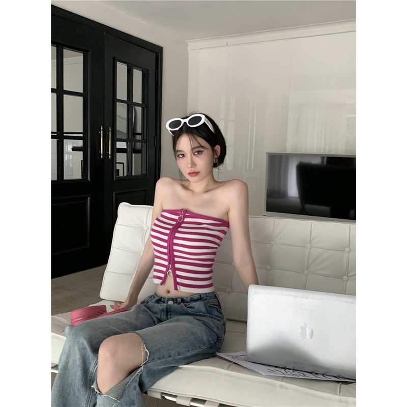 Áo ống ZHELIHANGFEI dệt kim kẻ sọc quyến rũ cho nữ