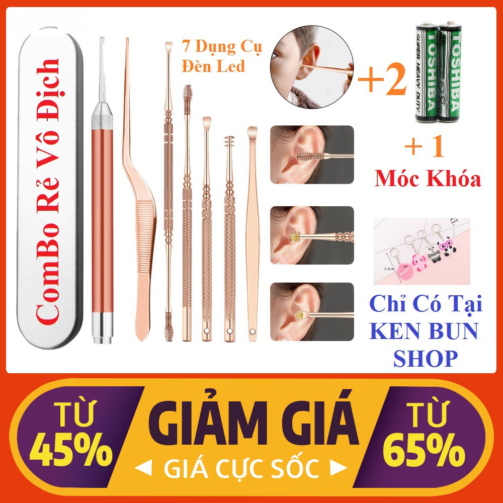 Bộ 7 Lấy Ráy Tai Có Đèn LED Bằng Thép Không Gỉ Màu Vàng Hồng Chất Lượng Cao [ FULLBOX ] Tặng Kèm 2 Pin AAA + 1 Móc Khóa
